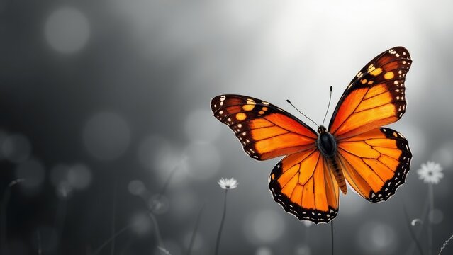 Majestic orange butterfly resting delicately amidst a monochrome background symbolizing change and transition