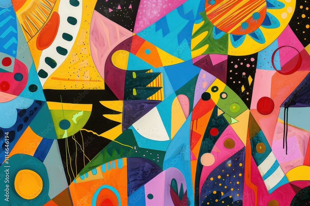 Poster colorful abstract mural showcasing a dynamic blend of shapes and patterns in a vibrant urban environ