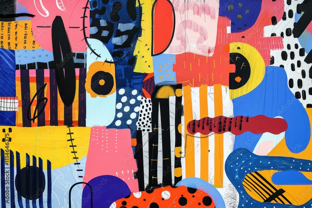 Poster Colorful abstract mural showcasing a dynamic blend of shapes and patterns in a vibrant urban environment