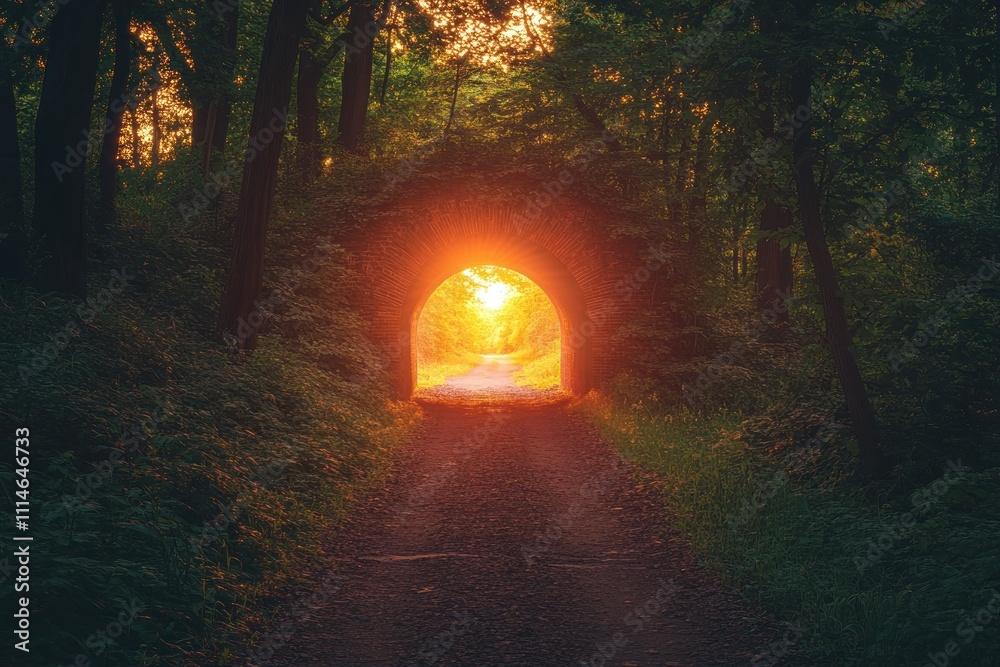 Poster sunset glowing through forest archway path