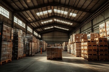 Cardboard Boxes Stacked High In A Large Warehouse