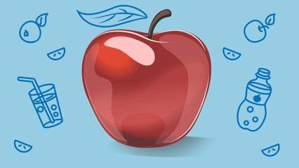 Red apple, icons glass of juice with straw and bottle of soda. Culinary theme, design, product design. Fruit and drinks. Decoration of packaging or cooking page.