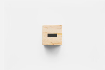 - (Minus) wooden cube on white background