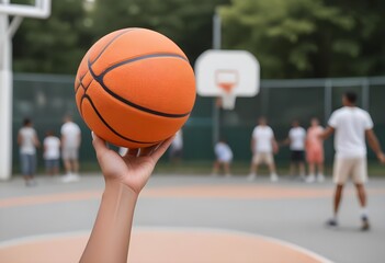 Naklejka premium A person's hand holding an basketball on an outdoor basketball court with blurred players in the background