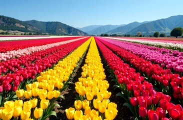 Vibrant tulip fields in bloom with mountain backdrop for nature and travel inspiration