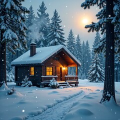 Fototapeta premium Cozy wooden house in a winter forest, with lights glowing in the windows and smoke rising from the chimney, creating a romantic atmosphere for a nature retreat. The house is available for rent.