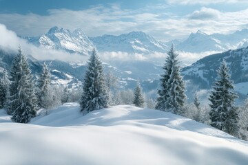 Obraz premium Snow covered mountain range with winter trees