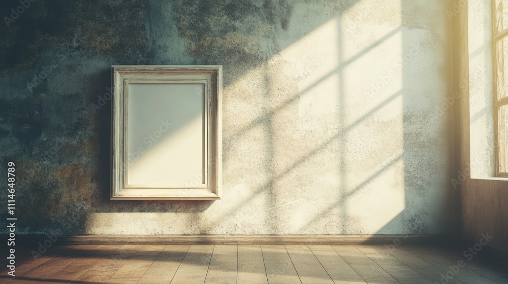 Poster empty frame on rustic wall in sunlit room