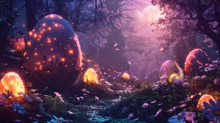 Magical Easter Night in Enchanted Forest with Glowing Eggs and Flowers