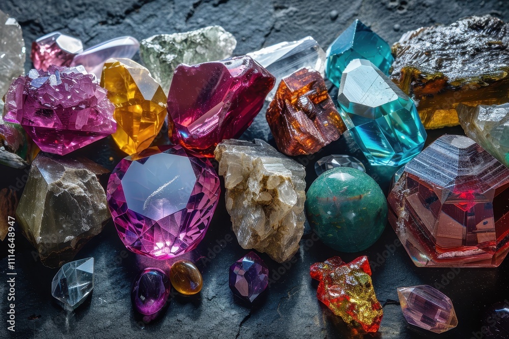 Aufkleber intricate display of colorful gemstones and minerals on a bright surface showcasing nature's beauty 