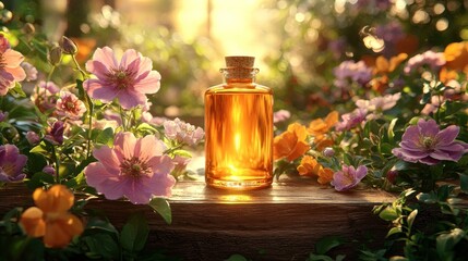 Bach flower remedies amidst vibrant blossoms - AI generated