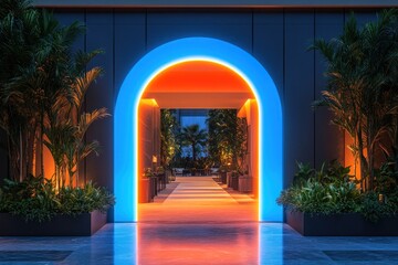 Fototapeta premium Neon Archway Entrance Leading To Tropical Garden