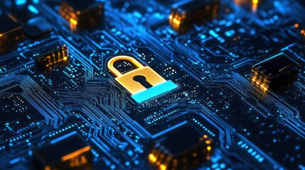 Fototapeta premium Digital Security Lock on Circuit Board Technology