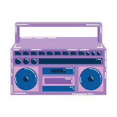 Obraz premium Cute cartoon retro boombox in 90's style isolated on white background. Music radio in retro style.