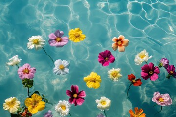 A beautiful image of a pool filled with colorful flowers floating on the water. The flowers are of various colors and sizes, creating a vibrant and lively scene. Concept of tranquility and serenity
