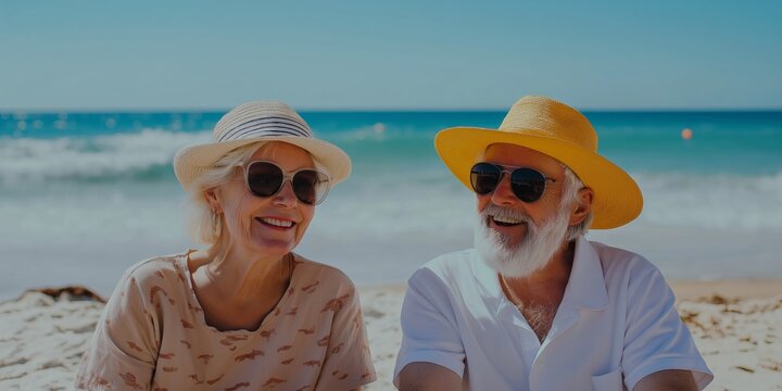 A couple of older people are sitting on the beach, smiling and enjoying the sun. They are wearing hats and sunglasses, and there is a surfboard in the background