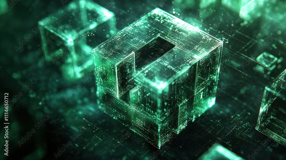 Aufkleber Glowing Green Cubes Digital Data Network Structure