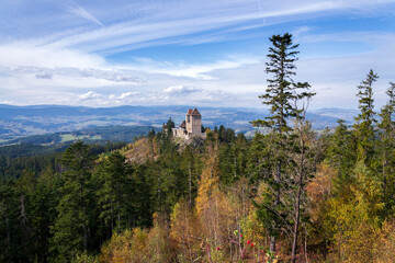 Medieval Kasperk Castle in southwestern Bohemia, Czech Republic, sunny autumn day, Plzen region,...