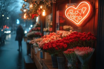 Romantic valentine's day flower shop with neon heart display