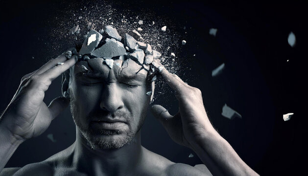 Severe headache and migraine pain, man with painful grimace with head made of stone crumbling, generative ai