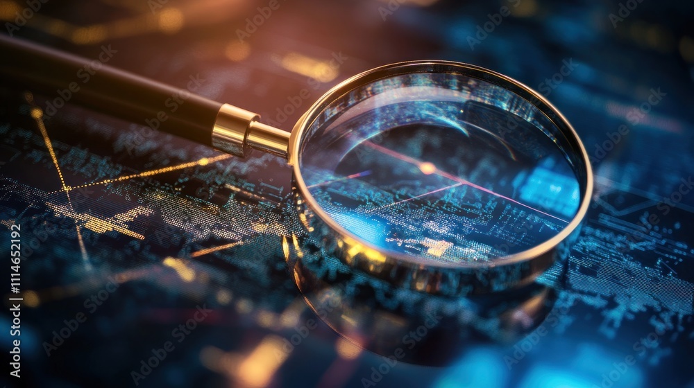 Poster magnifying glass over digital data world map