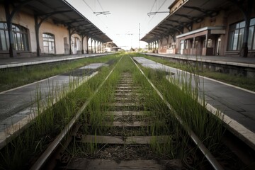 Overgrown railway tracks at an abandoned train station, symbolizing change and nostalgia.