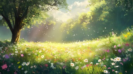 Obraz premium Sunlit Meadow With Wildflowers Under A Large Tree