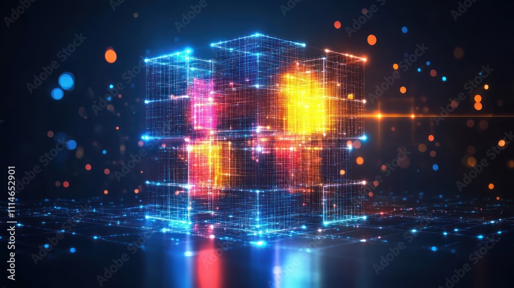 Poster Illuminated Digital Cube Abstract Network Structure
