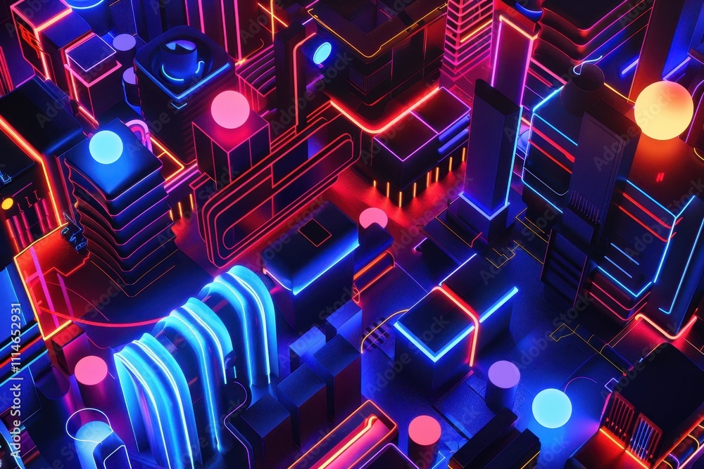 Poster vibrant neon cityscape with glowing lines and shapes illuminating a futuristic urban environment at 