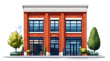 Creative vector representation of a 1910 single story office building showcasing a unique 2D vanishing point perspective in a bright and engaging style
