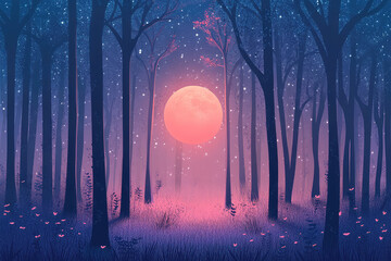 Full moon Night with river and tree vector illustrations 