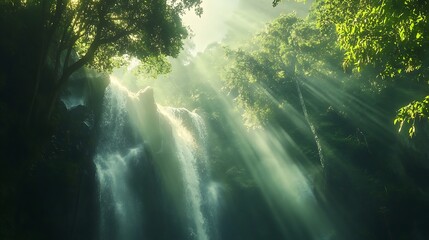 Naklejka premium Sunbeams Illuminate Lush Green Forest Waterfall