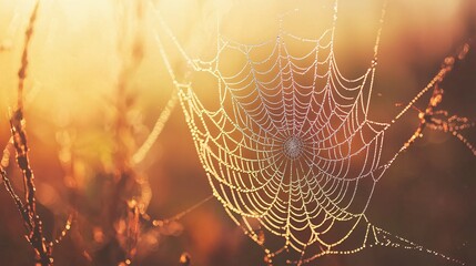 Dew-covered spider web glistens in the morning light on a cool autumn day