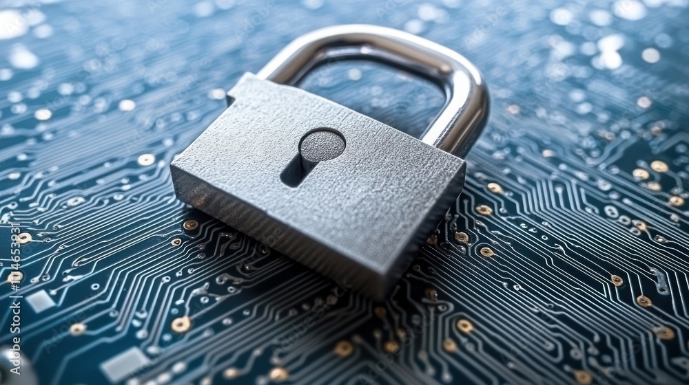 Poster Padlock on Circuit Board Symbolizing Digital Security