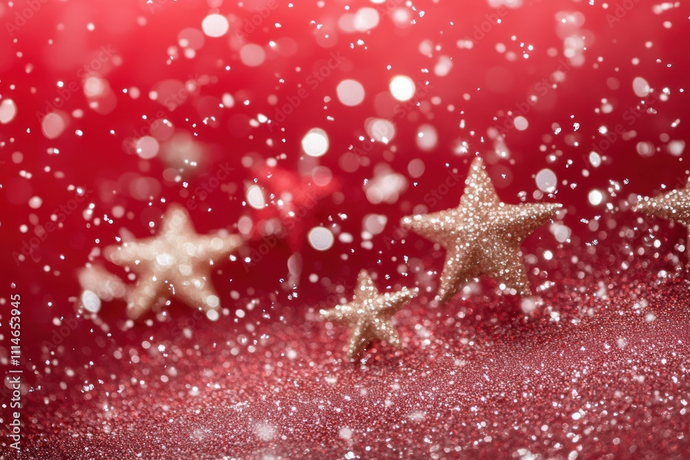 Poster glittering stars falling on red sparkling background