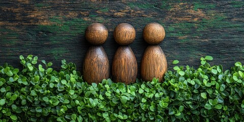 Wooden figures stand amidst vibrant green foliage