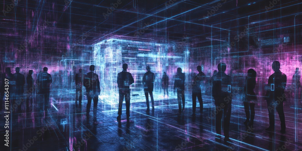 Poster silhouettes of people observing a digital data cube