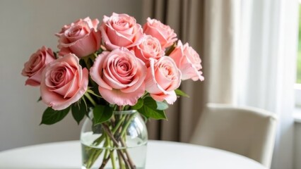 beautiful bouquet of roses, modern minimalist interior in neutral tones
