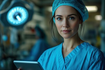 Doctor using digital tablet and checking patient test results