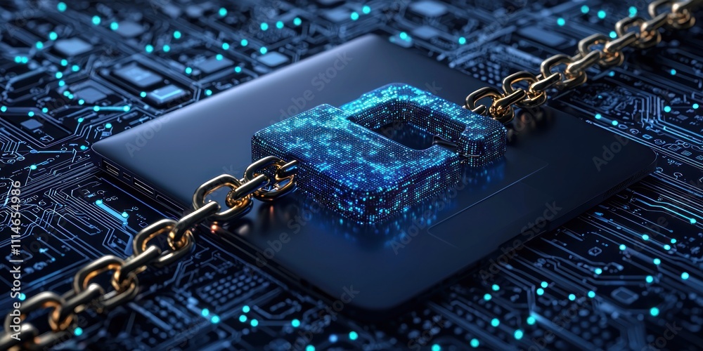 Poster Digital Security Padlock Secured By Chain On Circuit Board