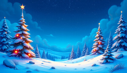 Magical winter scene with multiple Christmas trees illuminated with warm lights, standing tall in a snowy landscape under a starry night sky.
