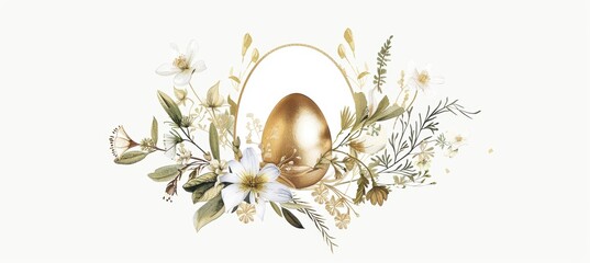 Elegant Easter Greeting Card with Floral Wreath and Golden Egg for Personalization and Celebration
