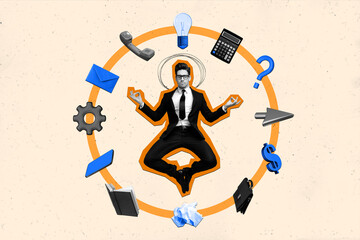 Composite sketch image photo collage of office manager multitask guy meditate pointer usd sign...