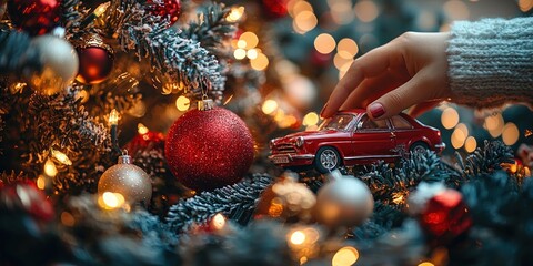 Red Toy Car Placed on Christmas Tree