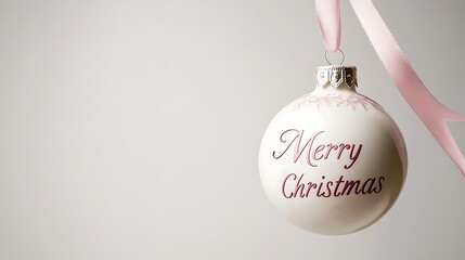 White christmas ball hanging on pink ribbon wishing merry christmas