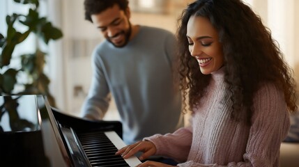 Fototapeta premium Couple playing piano together, woman and man enjoying music at home, family leisure activity, learning and performing melody, positive and entertaining day.