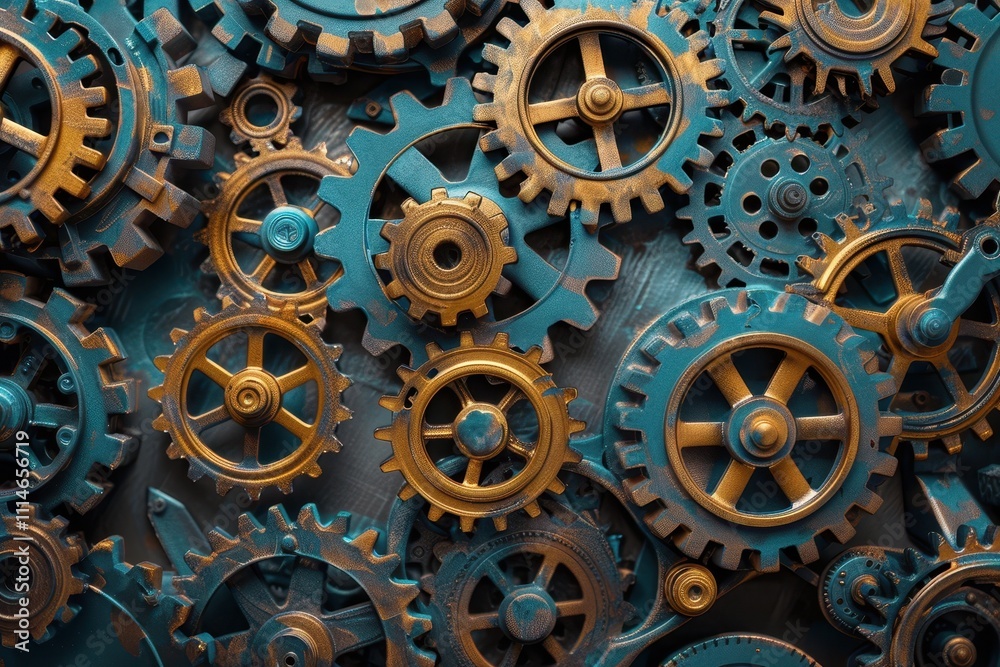 Poster gears and cogs arranged artistically in a complex pattern showcasing a blend of teal and gold colors