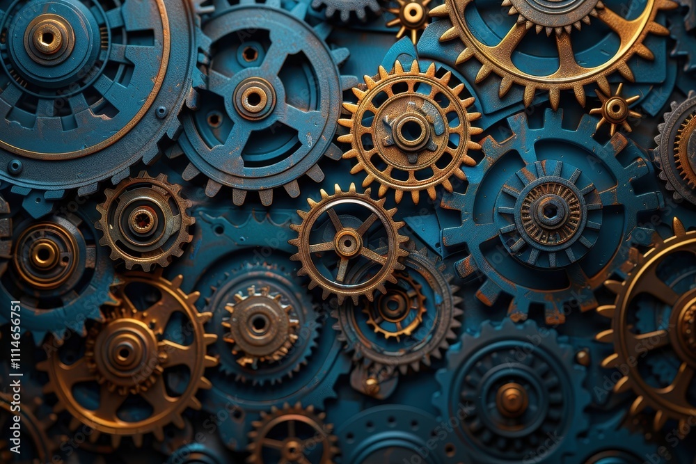 Poster Gears and cogs arranged artistically in a complex pattern showcasing a blend of teal and gold colors against a dark background