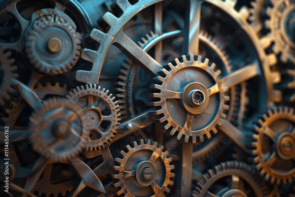 Poster Gears and cogs arranged artistically in a complex pattern showcasing a blend of teal and gold colors against a dark background