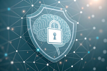 Fototapeta premium Digital illustration of a brain inside a shield with a lock symbol, representing cybersecurity, data protection, and artificial intelligence security 